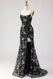 Black Mermaid Sequins Floral Lace Up Back Long Ball Dress with Slit