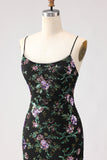 Black Mermaid Sequins Floral Lace Up Back Long Ball Dress with Slit