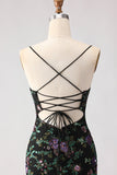 Black Mermaid Sequins Floral Lace Up Back Long Ball Dress with Slit