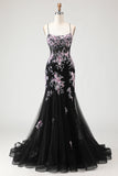 Sparkly Black Pink Flower Mermaid Sequins Corset Long Ball Dress with Lace Up Back