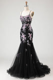 Sparkly Black Pink Flower Mermaid Sequins Corset Long Ball Dress with Lace Up Back