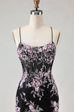 Sparkly Black Pink Flower Mermaid Sequins Corset Long Ball Dress with Lace Up Back