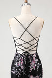 Sparkly Black Pink Flower Mermaid Sequins Corset Long Ball Dress with Lace Up Back