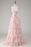 Pink Floral Strapless Tiered A Line Corset Print Beaded Long Ball Dress with Ruffles