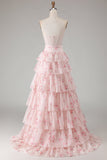 Pink Floral Strapless Tiered A Line Corset Print Beaded Long Ball Dress with Ruffles