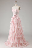 Pink Floral Strapless Tiered A Line Corset Print Beaded Long Ball Dress with Ruffles