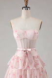 Pink Floral Strapless Tiered A Line Corset Print Beaded Long Ball Dress with Ruffles