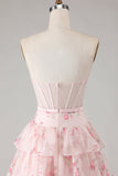 Pink Floral Strapless Tiered A Line Corset Print Beaded Long Ball Dress with Ruffles