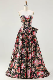 Black Pink Flower A Line Strapless Printed Long Ball Dress with Bow