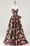 Black Pink Flower A Line Strapless Printed Long Ball Dress with Bow