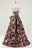 Black Pink Flower A Line Strapless Printed Long Ball Dress with Bow