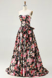 Black Pink Flower A Line Strapless Printed Long Ball Dress with Bow
