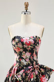 Black Pink Flower A Line Strapless Printed Long Ball Dress with Bow