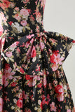 Black Pink Flower A Line Strapless Printed Long Ball Dress with Bow
