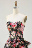 Black Pink Flower A Line Strapless Printed Long Ball Dress with Bow