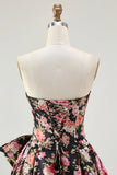 Black Pink Flower A Line Strapless Printed Long Ball Dress with Bow