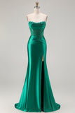 Dark Green Strapless Mermaid Corset Beaded Long Ball Dress with Slit