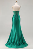 Dark Green Strapless Mermaid Corset Beaded Long Ball Dress with Slit