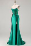 Dark Green Strapless Mermaid Corset Beaded Long Ball Dress with Slit