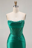 Dark Green Strapless Mermaid Corset Beaded Long Ball Dress with Slit
