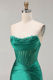Dark Green Strapless Mermaid Corset Beaded Long Ball Dress with Slit