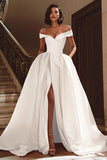 White Off the Shoulder Satin Sweep Train Wedding Dress with Slit