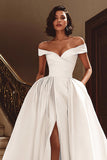 White Off the Shoulder Satin Sweep Train Wedding Dress with Slit
