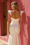White Mermaid Cap Sleeve Ruched Long Wedding Dress with Slit