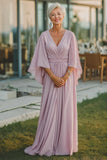 Dusty Rose Chiffon V-Neck Ruched Long Mother Of The Bride Dress with Half Sleeves