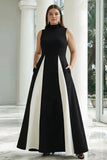 Black and White Plus Size A-Line High Neck Long Formal Dress with Pockets