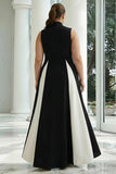 Black and White Plus Size A-Line High Neck Long Formal Dress with Pockets