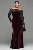 Burgundy Lace Velvet Mermaid Plus Size Formal Dress with Long Sleeves