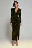 Olive V Neck Sheath Ruched Velvet Long Formal Dress with Slit
