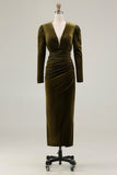 Olive V Neck Sheath Ruched Velvet Long Formal Dress with Slit