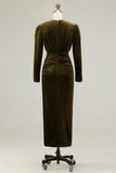 Olive V Neck Sheath Ruched Velvet Long Formal Dress with Slit