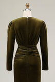 Olive V Neck Sheath Ruched Velvet Long Formal Dress with Slit