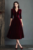 Burgundy Velvet A Line V-Neck Midi Work Dress with Half Sleeves