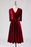 Burgundy A Line Velvet V-Neck Work Dress with Half Sleeves