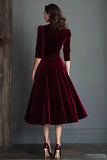 Burgundy Velvet A Line V-Neck Midi Work Dress with Half Sleeves