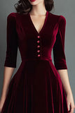 Burgundy A Line Velvet V-Neck Work Dress with Half Sleeves