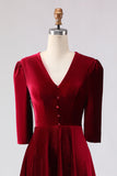 Burgundy Velvet A Line V-Neck Midi Work Dress with Half Sleeves