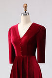 Burgundy Velvet A Line V-Neck Midi Work Dress with Half Sleeves