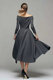 Dark Grey A Line Bateau Neck Work Dress with Long Sleeves