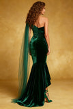 Dark Green Velvet One Shoulder Mermaid Pleated Long Evening Dress with Ruffles