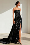 Black Strapless Satin Sequins Long Evening Dress with Slit