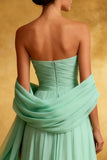Chiffon Mint Green Strapless Pleated A Line Long Evening Dress