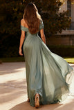 Dusty Sage Chiffon One Shoulder A Line Pleated Long Formal Dress