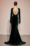 Dark Green V-Neck Mermaid Velvet Military Ball Dresses with Slit