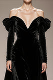A-Line Black Velvet Off the Shoulder Long Military Ball Dresses with Sleeves