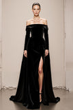 Off the Shoulder A-Line Black Velvet Long Military Ball Dresses with Slit